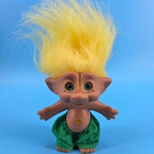 Vintage Ace Novelty Treasure Troll Doll Yellow Hair Green Eyes Star Gem 3 inch